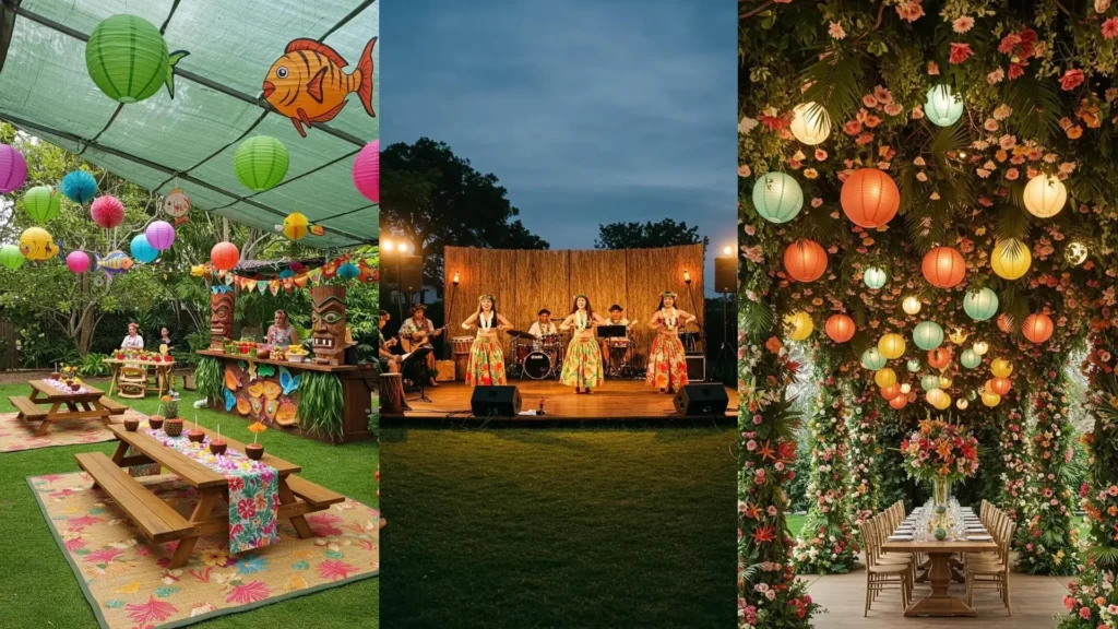Décoration hawaïenne avec bar tiki, guirlandes de fleurs et lanternes colorées pour une fête tropicale.