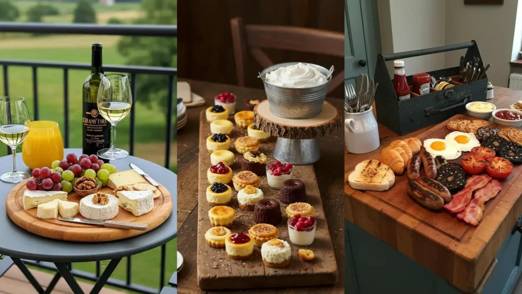 Présentations de plateaux brunch champêtres: fromages, mini-desserts et petit déjeuner rustique. Arts de la table DIY.