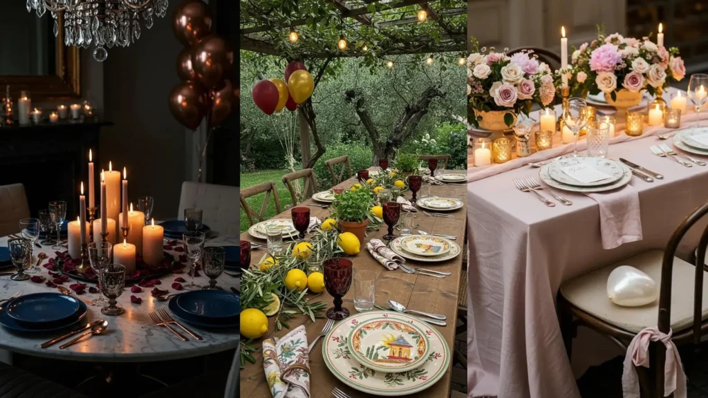 Trois tables d'anniversaire adulte festives avec vaisselle chic, bougies, fleurs et ballons discrets pour une ambiance élégante.