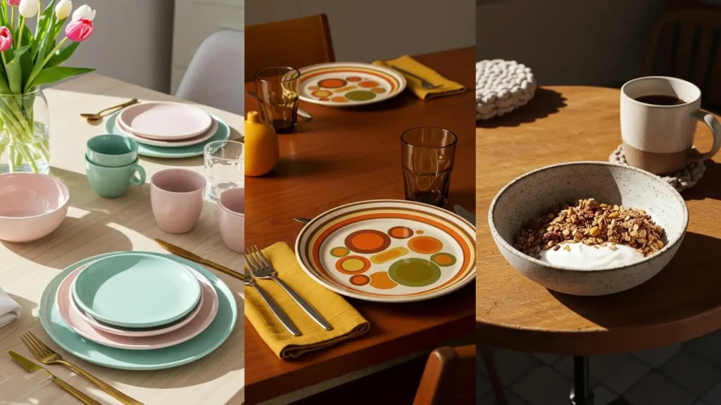 Assiettes en céramique chics aux couleurs contrastées et textures variées, idéales pour Instagram.