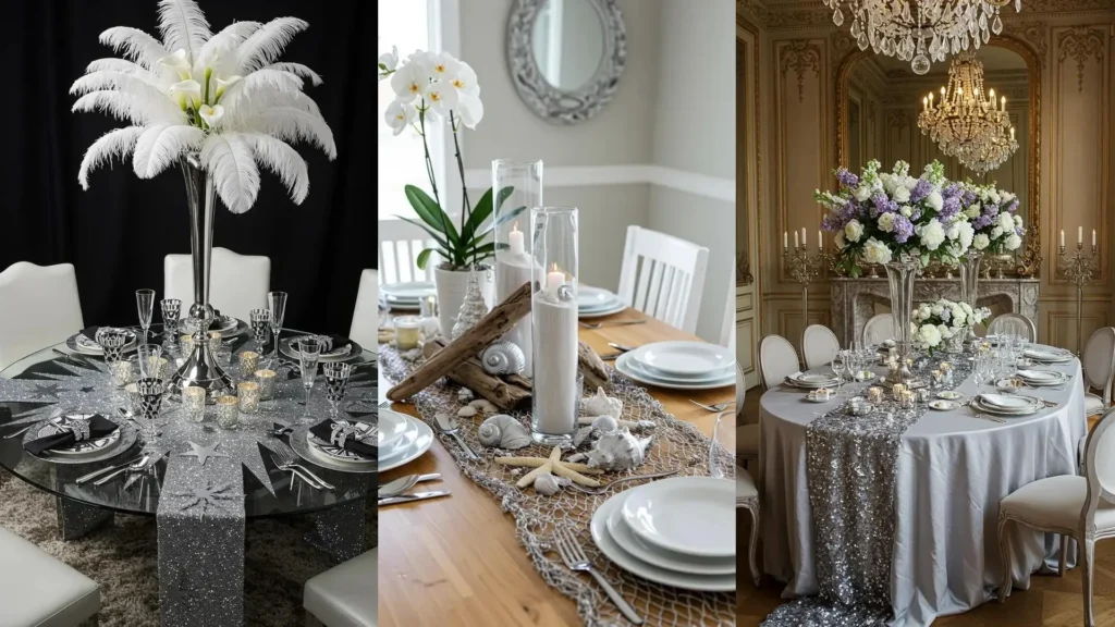 Table de Nouvel An chic avec vaisselle argentée, chemin de table scintillant et élégantes fleurs blanches.