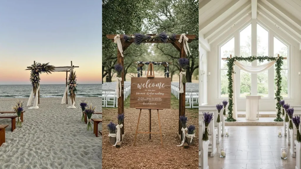 Trois arches florales décorées de lavande et rubans en lin pour un mariage champêtre élégant.