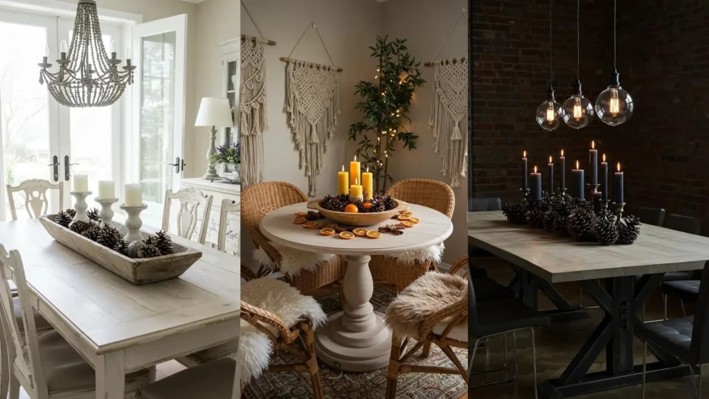 Trois centres de table hivernaux avec bougies, pommes de pin et éléments en bois blond pour un Noël cosy.