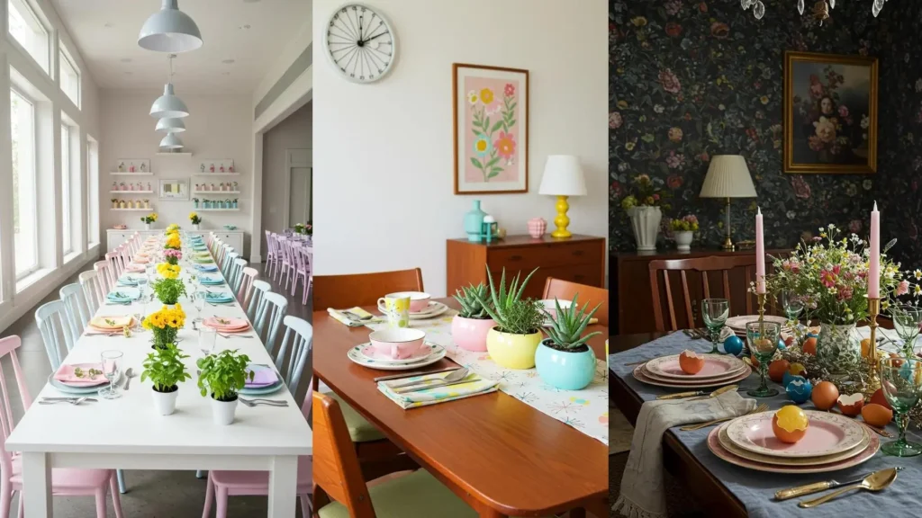 Idées de décoration pour brunch printanier: vaisselle pastel, herbes en pots et mini centres DIY.