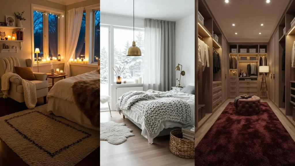 Intérieur cosy en hiver : chambre chaleureuse avec tapis épais, bougies et coin lecture cocooning.