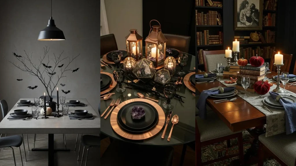 Table d'Halloween élégante avec bougeoirs noirs, vaisselle sombre et décorations raffinées pour une ambiance chic.