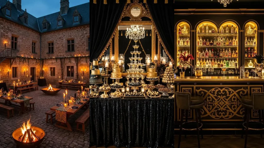 Bal masqué doré et noir avec masques scintillants, velours, bougies, bar chic et tables festives.