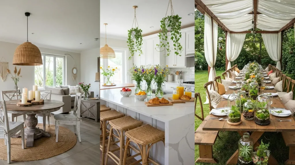 Brunch bohème en plein air : table décontractée avec mini-centres DIY, décorations végétales et coussins moelleux.