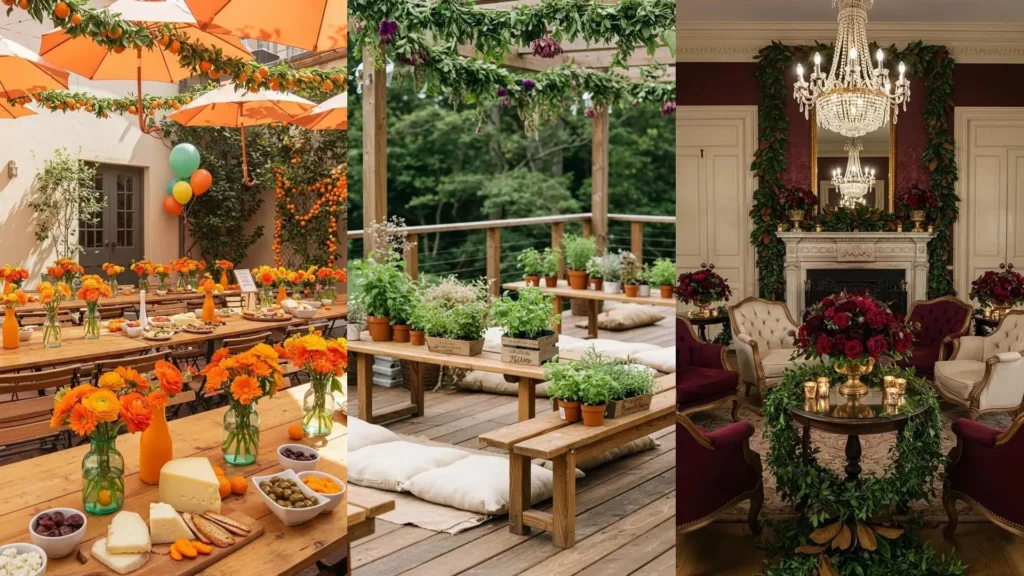 Décorations sophistiquées pour anniversaire adulte : bar à fleurs, guirlandes élégantes et centres de table bas.