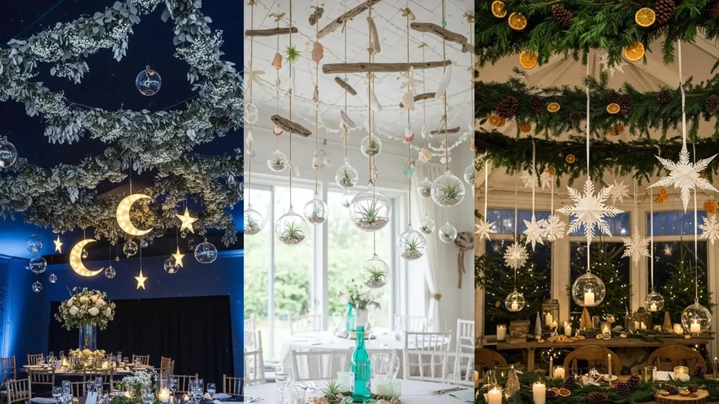 Ambiance féerique de jardin secret: guirlandes végétales et suspensions pour fête intérieure.