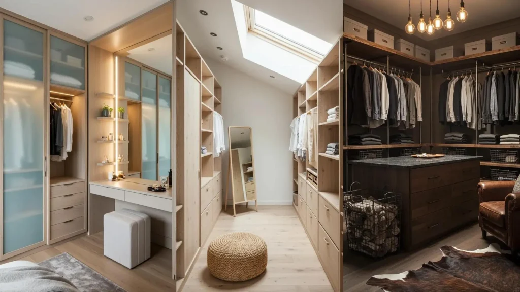 Trois dressings sur mesure inspirants, avec rangements élégants, miroirs et ambiance boutique à la maison.