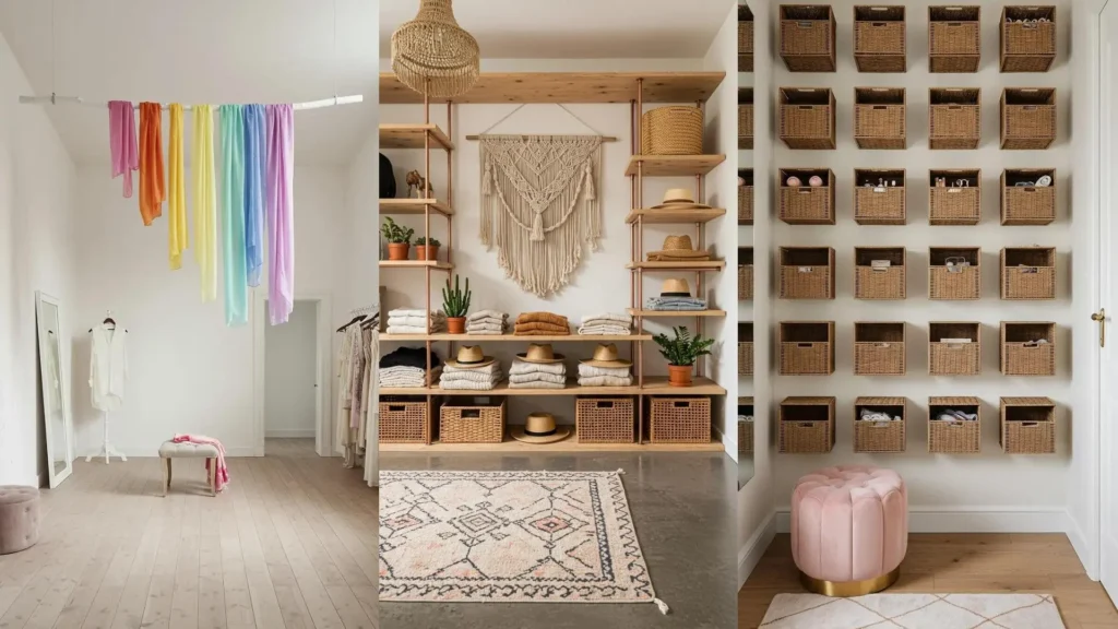 Aménagement de dressing bohème chic avec étagères modulaires en bois, paniers suspendus et décorations macramé.