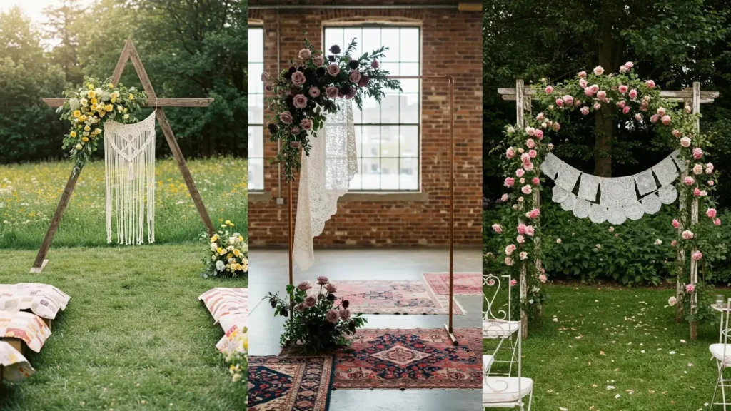 Arches florales de mariage vintage ornées de roses fanées, de dentelle et de bois patiné pour une ambiance romantique.