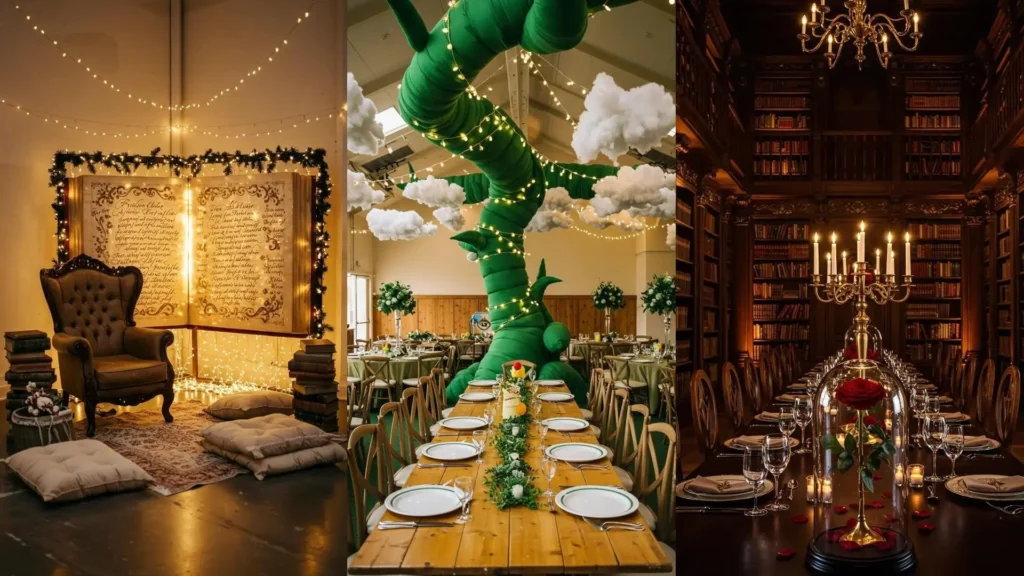 Décorations de contes: arches lumineuses, rose enchantée et haricot magique pour une ambiance féerique et douce.