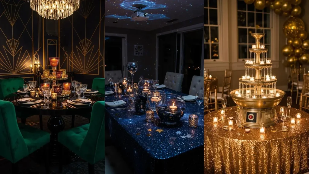 Ambiance de dîner du Nouvel An avec des bougies flottantes et des décorations scintillantes sur des tables élégantes.