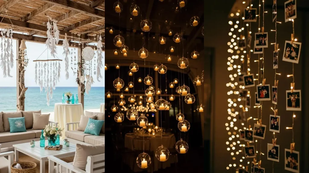 Idées de décorations suspendues bohèmes: bougies lumineuses dans des globes en verre et attrape-rêves aériens.