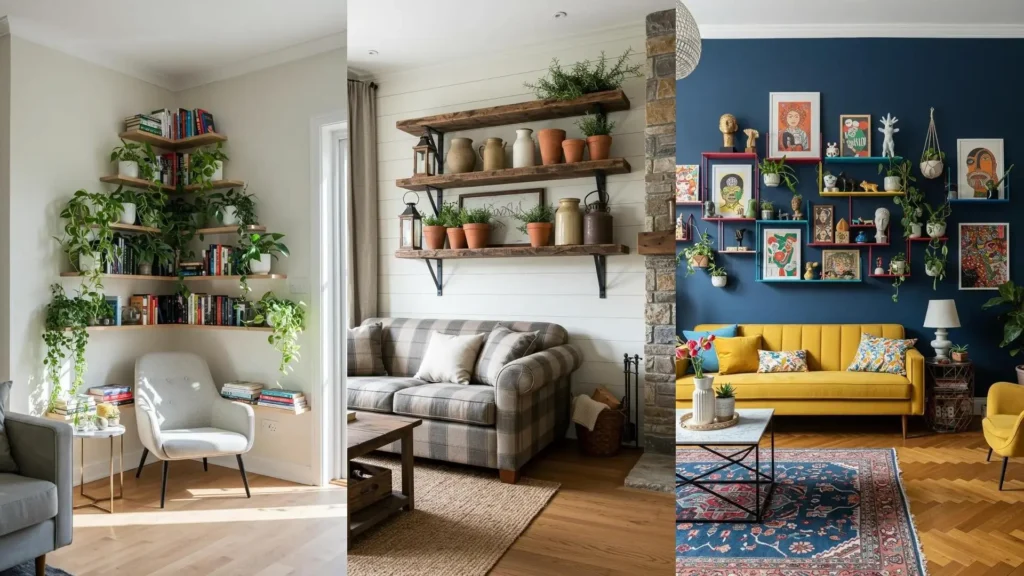 Décoration murale de salon: étagères design avec plantes suspendues, livres et objets déco variés.