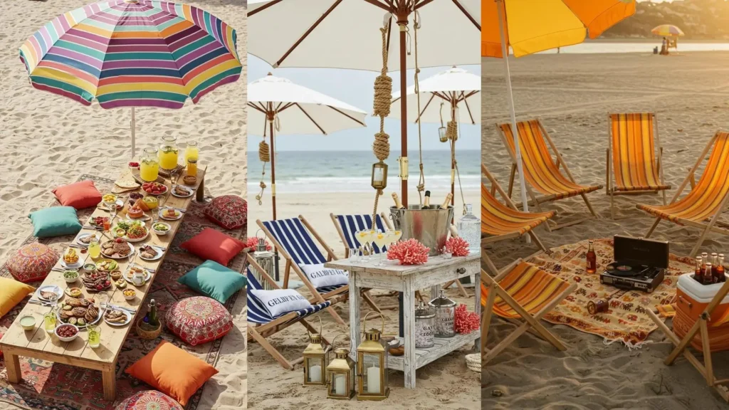 Décoration de plage estivale avec parasols rayés, transats colorés et cocktails glacés, parfait pour une fête à thème.