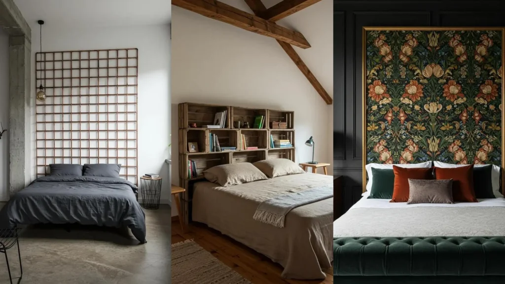 Trois chambres avec têtes de lit DIY originales : grillage cuivre, caisses en bois et motif floral encadré.