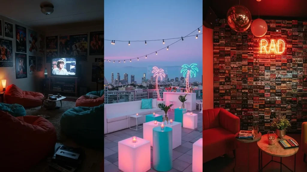 Décoration années 80 avec néons flashy, mur de cassettes colorées et accessoires fluo pour une ambiance rétro.