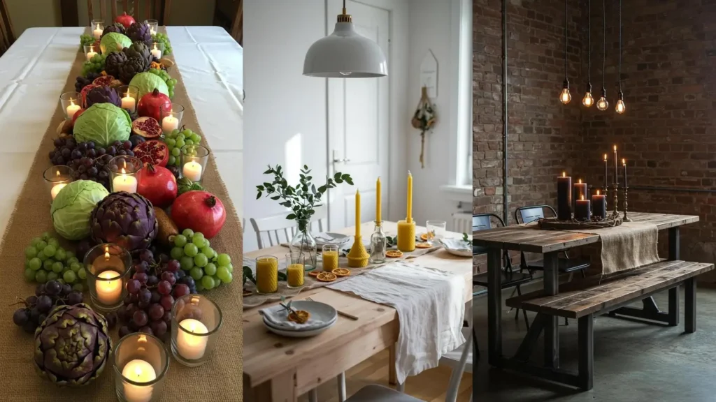 Déco de table rustique Thanksgiving avec chemin de table en toile de jute, fruits d'automne et bougies scintillantes.