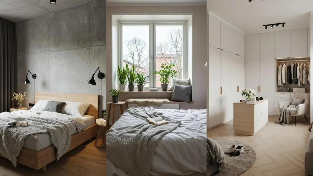 Chambre cocooning scandinave avec plaid moelleux, lit en bois clair et éclairage chaleureux pour une ambiance douce.