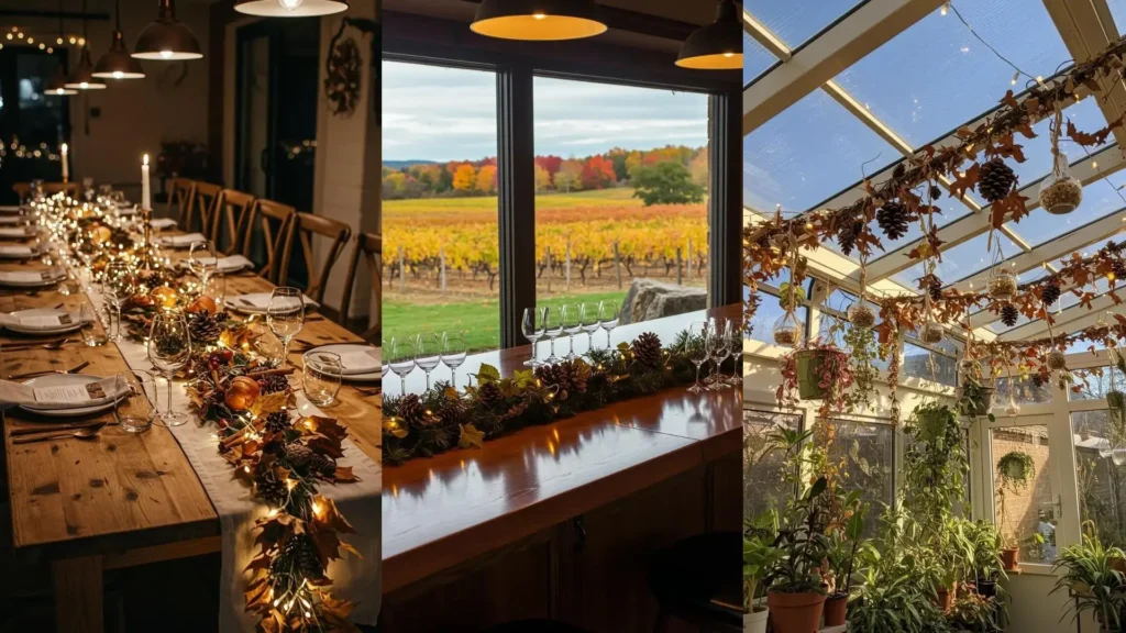 Guirlandes automnales élégantes avec feuilles séchées, pommes de pin et petites lumières illuminant une ambiance chaleureuse.