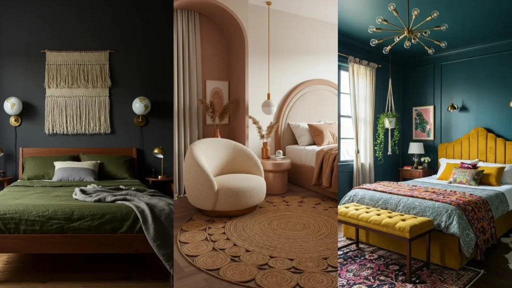 Trois chambres romantiques avec un mélange rétro-moderne et bohème chic. Literie, tapis et éléments déco aux styles variés.