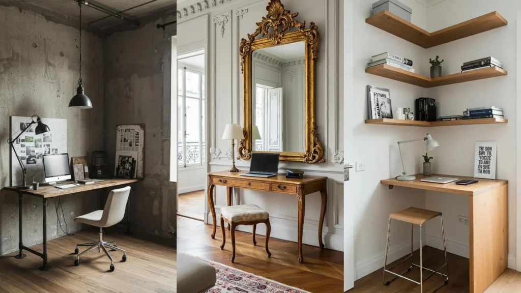 Trois exemples de petits bureaux astucieux pour télétravail, optimisant l'espace dans un studio. Aménagements variés.