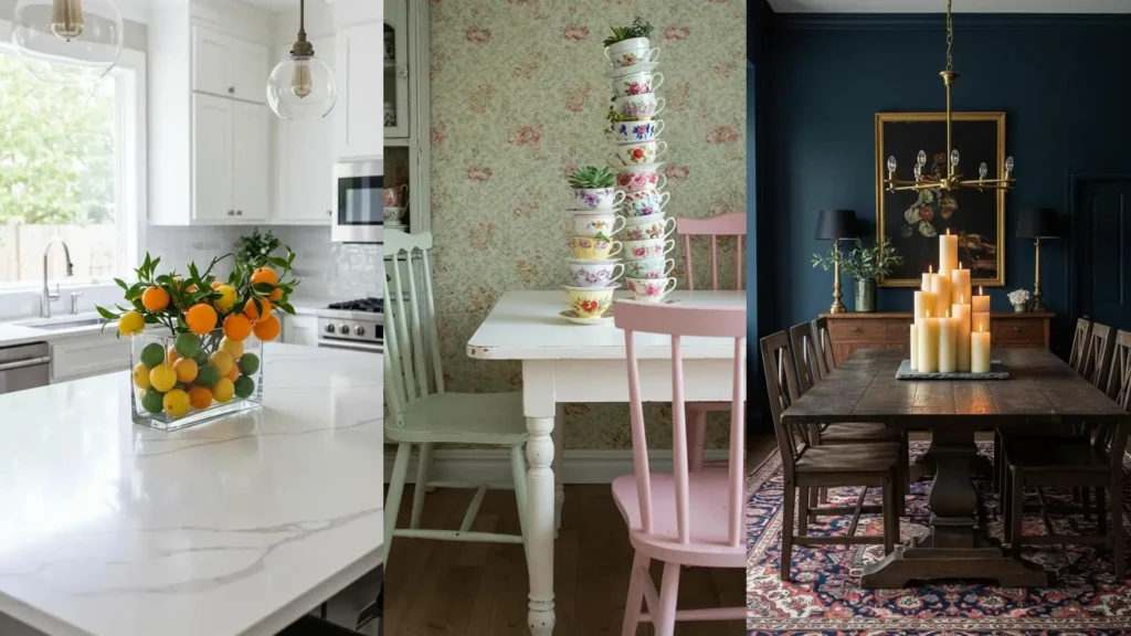 Centres de table originaux : arrangement de fruits, pile de tasses avec plantes et bougies empilées pour un décor unique.