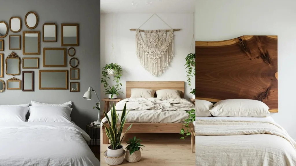 Inspirations de chambres minimalistes et chaleureuses: têtes de lit originales en bois, macramé, et mur de miroirs.