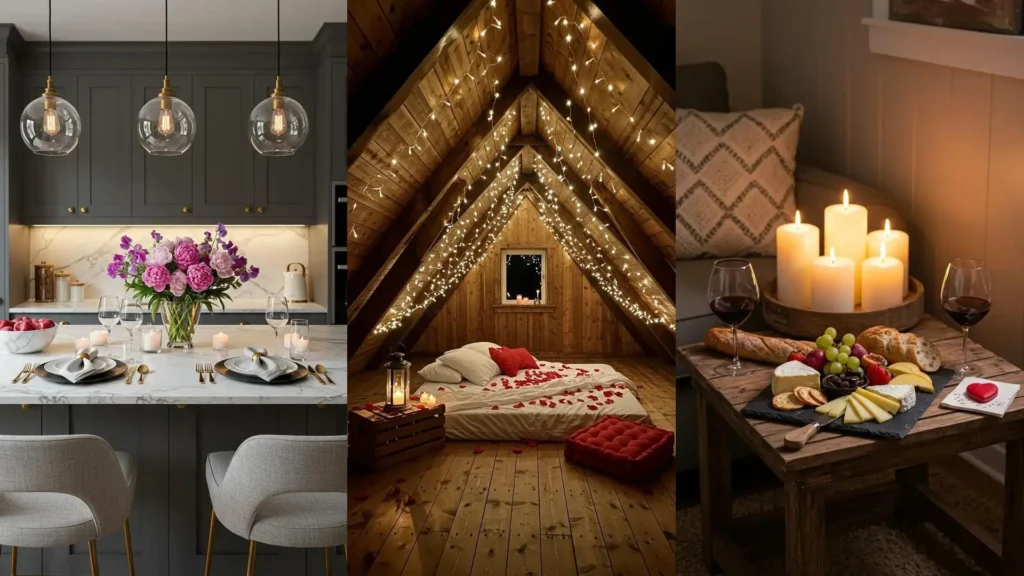 Saint-Valentin cosy à la maison : table romantique avec fleurs et bougies, chambre éclairée par guirlandes.