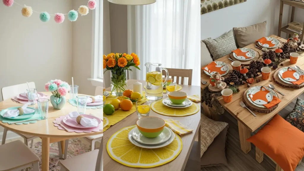 Inspirations de tables d'enfants colorées avec vaisselle ludique, thèmes variés (renard, citron, pastel) et décor DIY.