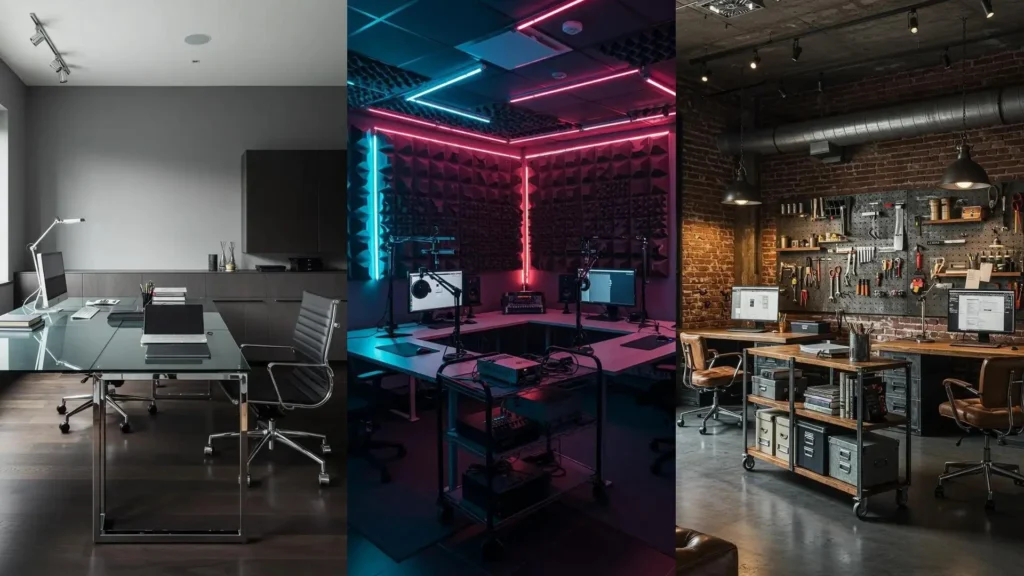 Aménagements variés pour espace de travail créatif partagé: deux postes, stockage modulable, ambiance collaborative.