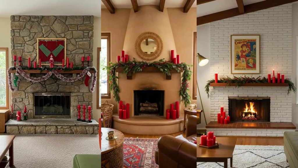 Trois cheminées décorées pour Noël rétro avec bougies rouges, guirlandes à baies et cadres vintage.