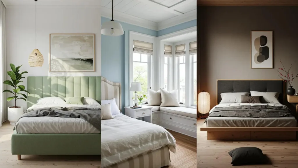 Trois chambres cocooning de style scandinave avec différentes têtes de lit rembourrées pour une ambiance chaleureuse.