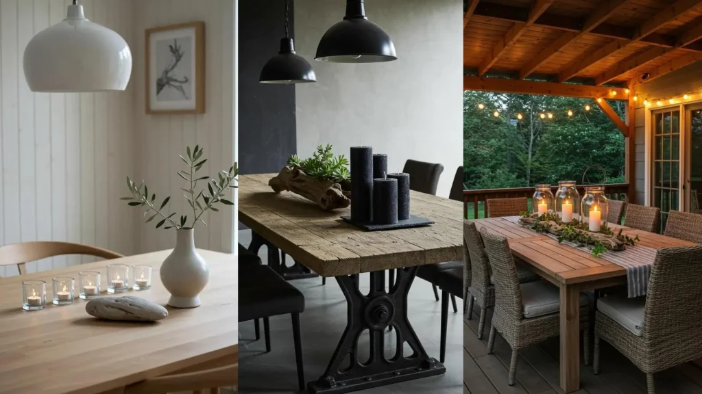 Magnifiques centres de table rustiques chic avec bois flotté, bougies allumées et touches de verdure.