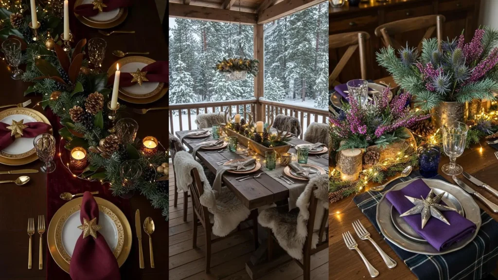 Décoration de table hivernale avec guirlandes lumineuses, pommes de pin et serviettes pliées en étoiles pour un repas festif.