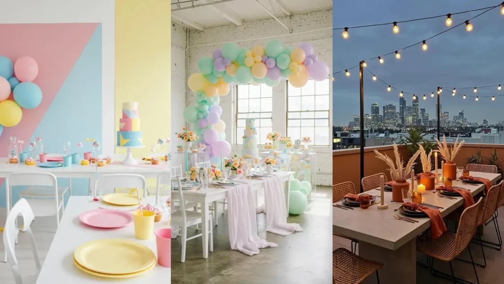 Décoration anniversaire tendance: tables festives avec ballons pastel, gâteaux et ambiance terracotta chaleureuse.
