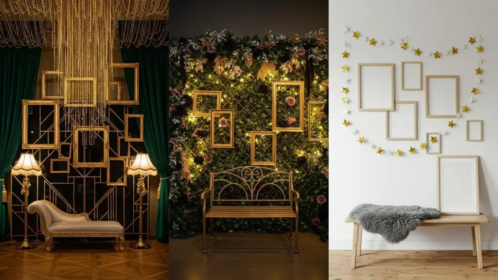 Trois idées de coin photo Nouvel An avec des guirlandes scintillantes, des cadres dorés et une ambiance festive.