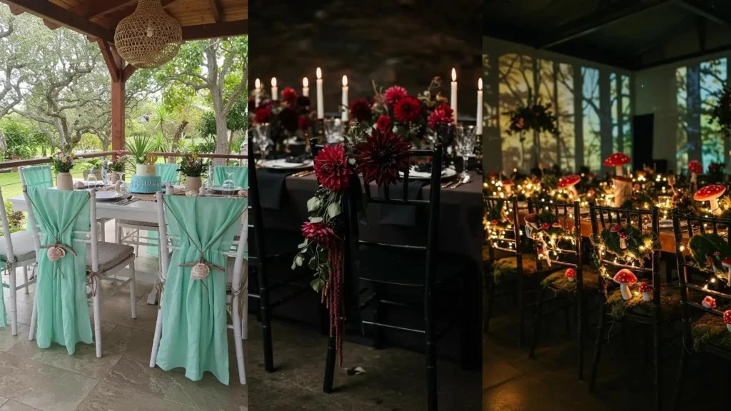 Chaises d'anniversaire bohèmes décorées de tissu vert menthe, coquillages et bois, pour une célébration à la maison.