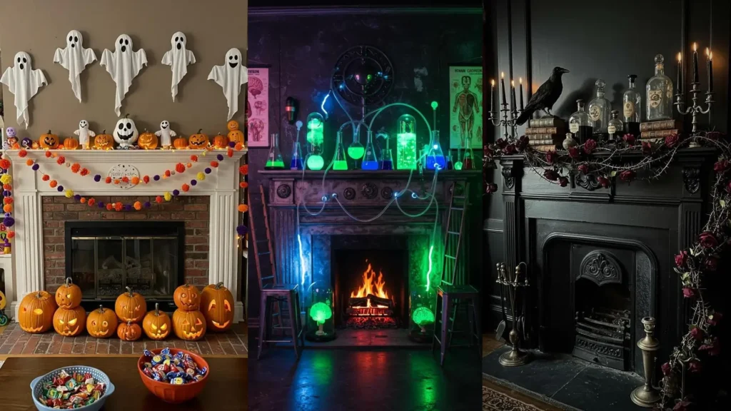 Cheminées décorées pour l'automne et Halloween: citrouilles, fantômes, laboratoire mystérieux et ambiance gothique.