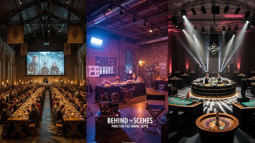 Ambiance cinéma glamour pour soirée à thème : projecteurs, affiches rétro, tapis rouge et casino.