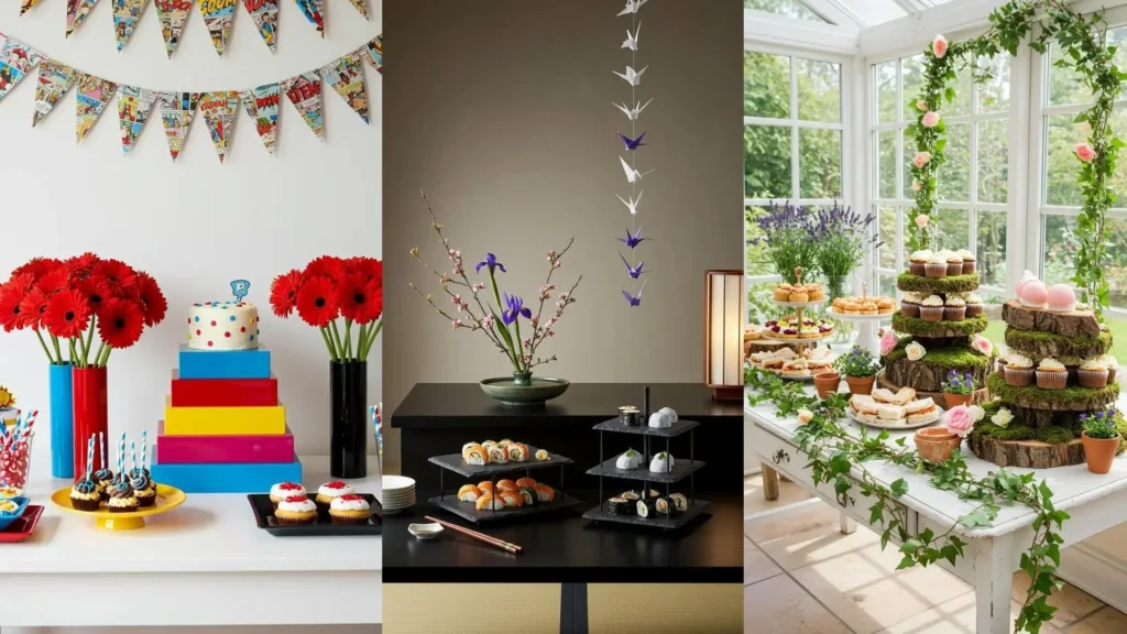 Buffets d'anniversaire créatifs avec gâteaux à étages, fleurs et guirlandes festives et colorées.