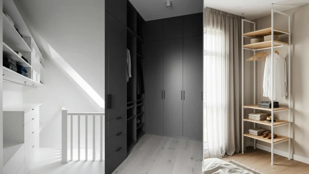 Trois idées de dressings minimalistes et verticaux pour optimiser les petites surfaces, avec placards et étagères.