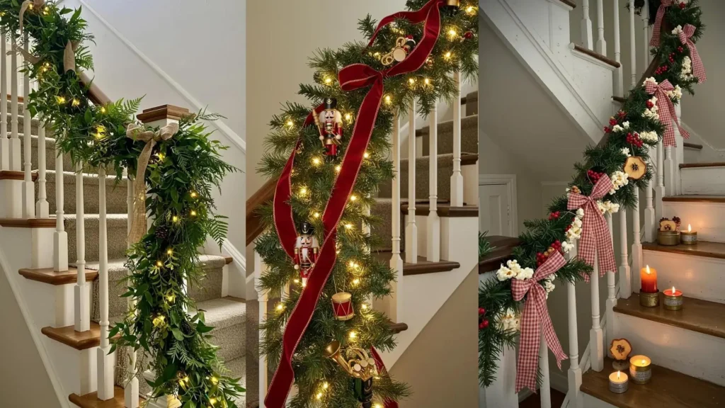 Escaliers de Noël décorés de guirlandes, rubans et bougies. 3 idées festives pour une ambiance magique.