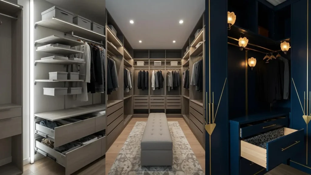 Dressing moderne avec tiroirs sur mesure, tringles modulables et éclairage intégré pour un aménagement optimisé.