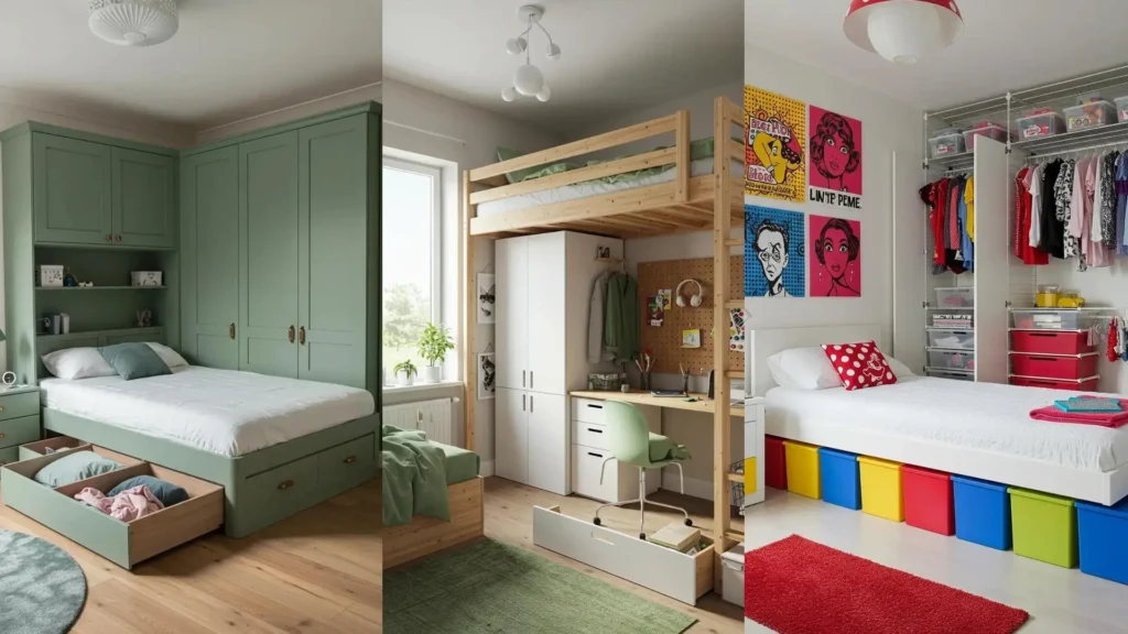 Chambres ado avec rangements sous lit, dressing astucieux et espace optimisé pour une décoration créative.