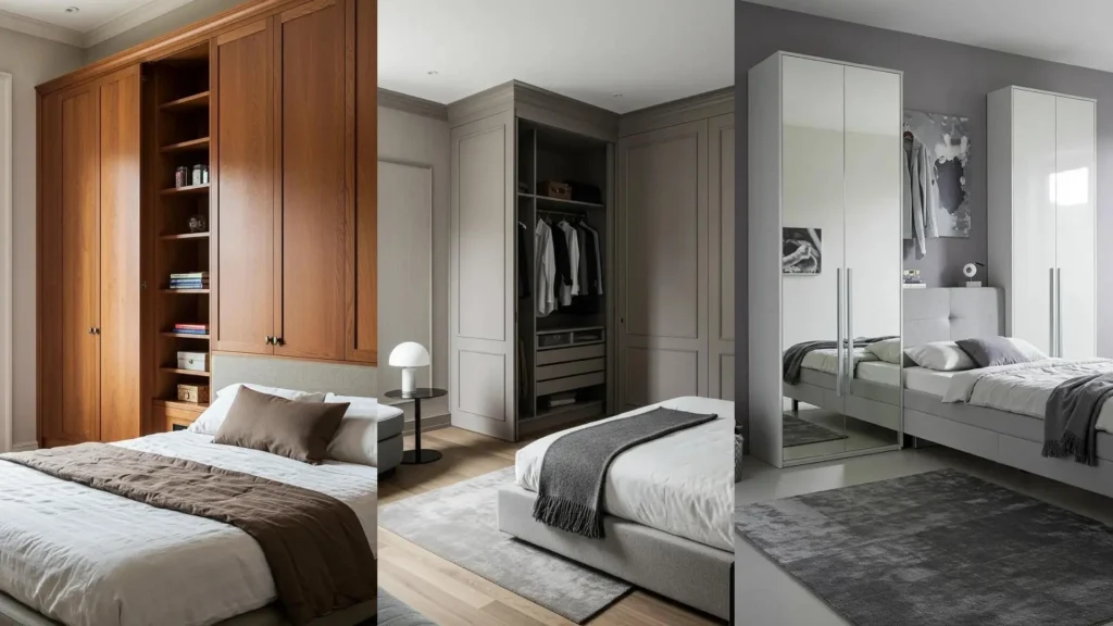 Design de chambre épuré: armoires encastrées et étagères optimisant l'espace avec élégance.