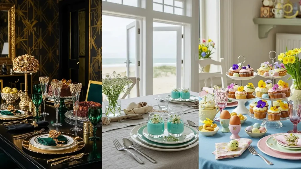 Table de brunch festive décorée de cupcakes aux fleurs comestibles pour une ambiance joyeuse.